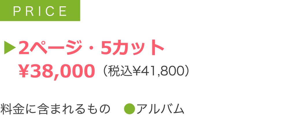 ▶2ページ・5カット ¥38,000(税込¥41,800) 料金に含まれるもの ●アルバム