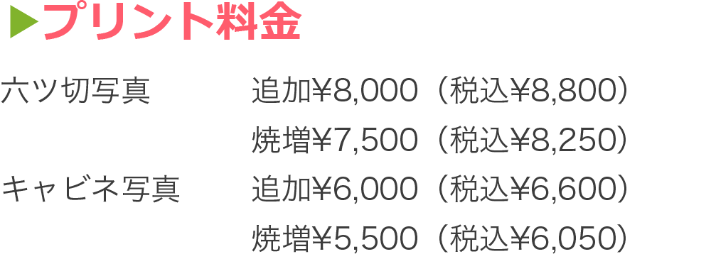 プリント料金  六ツ切写真 追加¥9,000（税込¥9,900）  焼増¥8,000（税込¥8,800） キャビネ写真 追加¥6,000（税込¥6,600）  焼増¥5,500（税込¥5,500）