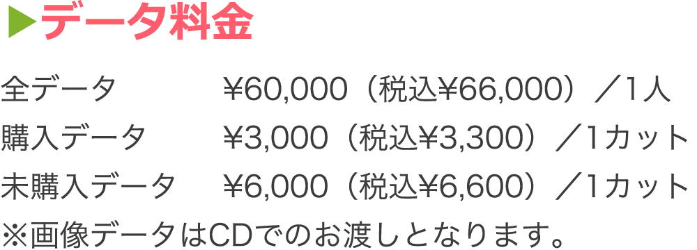 データ料金 全データ ¥60,000(税込¥66,000)/1人、 購入データ ¥3,000(税込¥3,300)/1カット、 未購入データ ¥6,000(税込¥6,600)/1カット ※画像データはCDでのお渡しとなります。