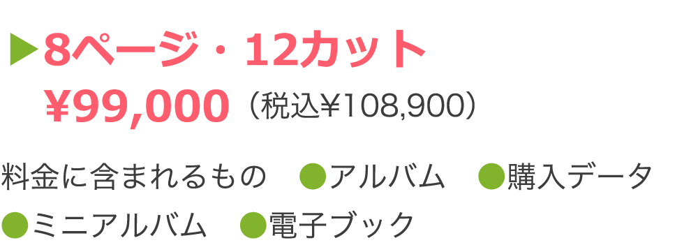 ▶8ページ・12カット ¥99,000(税込¥108,900) 料金に含まれるもの ●アルバム ●購入データ ●ミニアルバム ●電子ブック