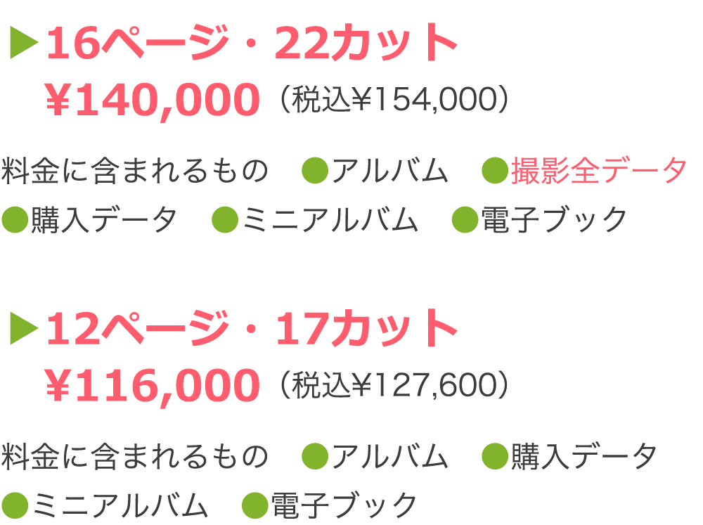 ▶16ページ・22カット ¥140,000(税込¥154,000) 料金に含まれるもの ●アルバム ●撮影全データ ●購入データ ●ミニアルバム ●電子ブック ▶12ページ・17カット ¥116,000(税込¥127,600) 料金に含まれるもの ●アルバム ●購入データ ●ミニアルバム ●電子ブック