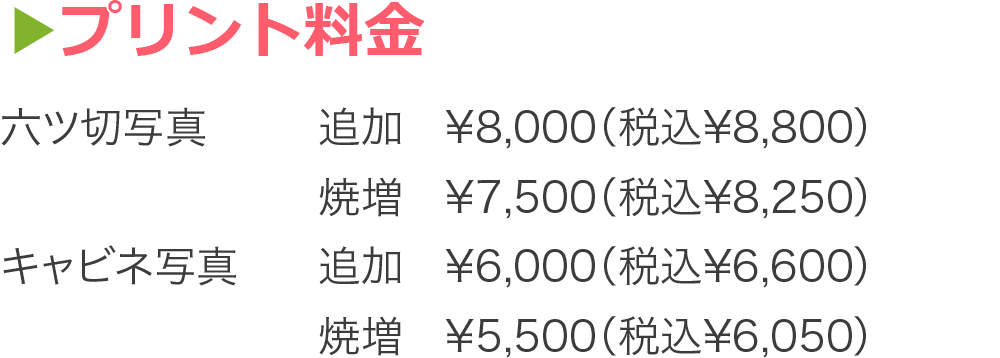 プリント料金  六ツ切写真 追加¥8,000（税込¥8,800）  焼増¥7,500（税込¥8,250） キャビネ写真 追加¥6,000（税込¥6,600）  焼増¥5,500（税込¥6,050）
