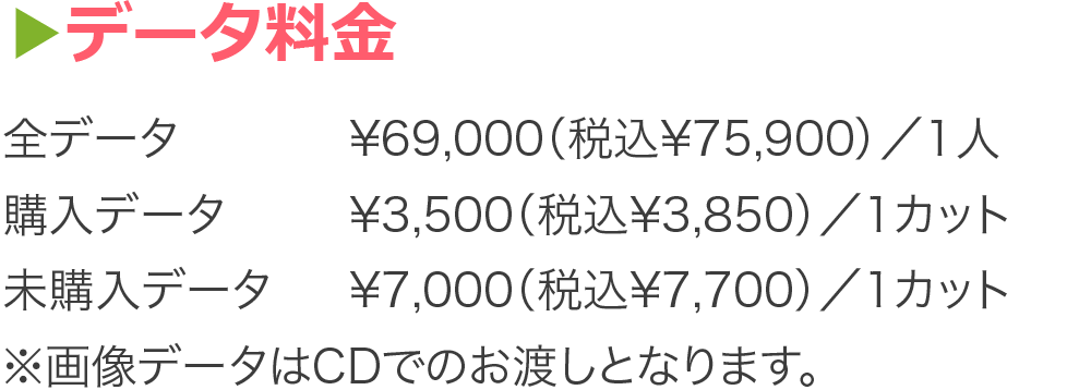 データ料金  全データ ¥69,000（税込¥75,900）／1人、 購入データ ¥3,500（税込¥3,850）／1カット、 未購入データ ¥7,000（税込¥7,700）／1カット　 ※画像データはCDでのお渡しとなります。