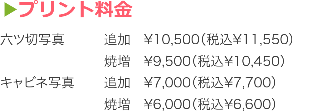 プリント料金  六ツ切写真 追加¥10,500（税込¥15,550）  焼増¥9,500（税込¥10,450） キャビネ写真 追加¥7,000（税込¥7,700）  焼増¥6,000（税込¥6,600）