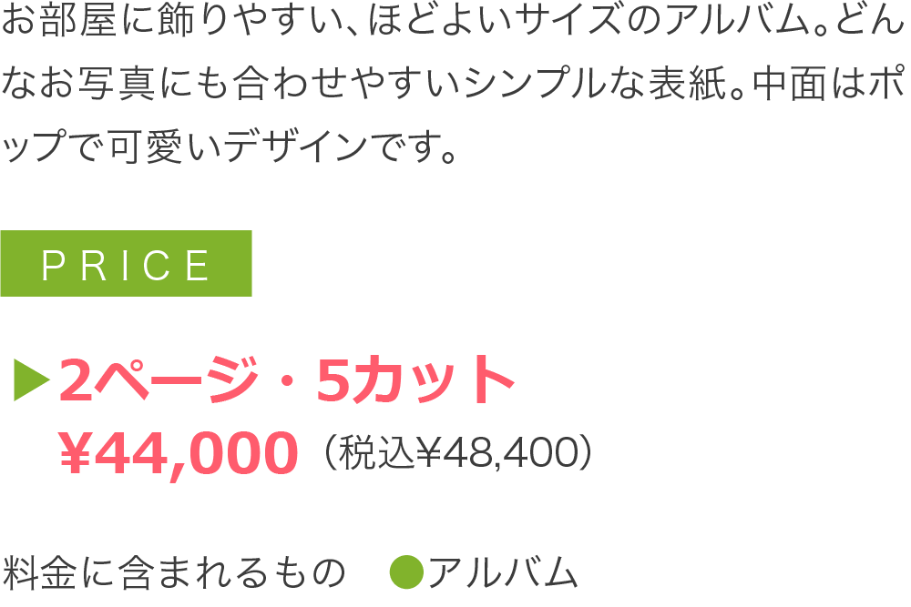 ▶2ページ・5カット 　¥44,000（税込¥48,400）  料金に含まれるもの　●アルバム