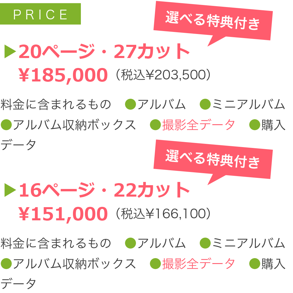 ▶20ページ・27カット 　¥185,000（税込¥203,500）料金に含まれるもの　●アルバム　●ミニアルバム ●アルバム収納ボックス ●撮影全データ ●購入データ ▶16ページ・22カット 　¥151,000（税込¥166,100） 料金に含まれるもの　●アルバム　●ミニアルバム ●アルバム収納ボックス ●撮影全データ ●購入データ