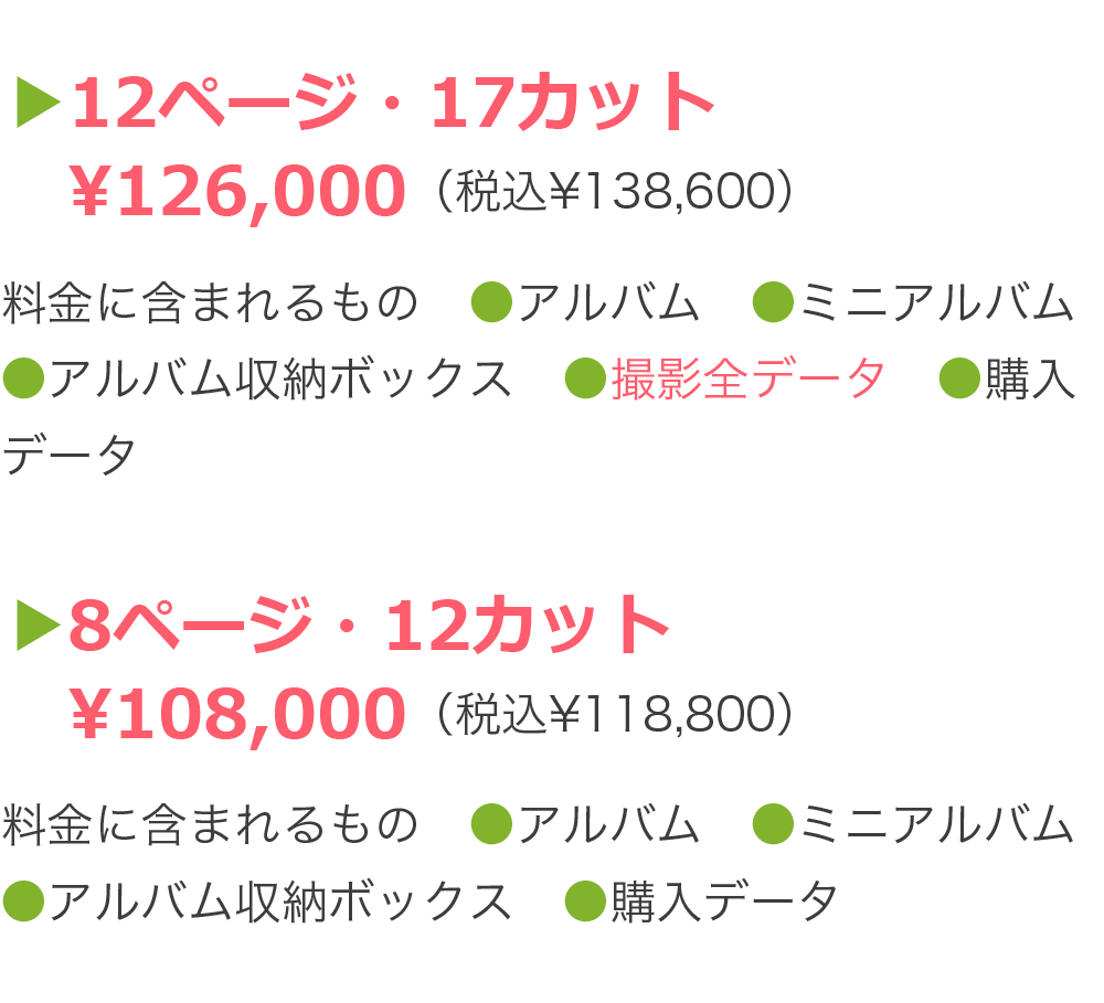 ▶12ページ・17カット 　¥126,000（税込¥138,600） 料金に含まれるもの　●アルバム　●ミニアルバム ●アルバム収納ボックス ●撮影全データ ●購入データ   ▶8ページ・12カット ¥108,000（税込¥118,800）  料金に含まれるもの　●アルバム　●ミニアルバム ●アルバム収納ボックス　●購入データ